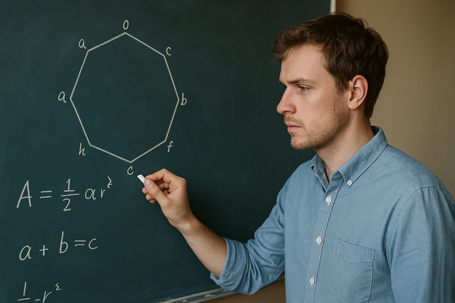 Egy férfi a táblán egy nyolcszög területének képletét írja.