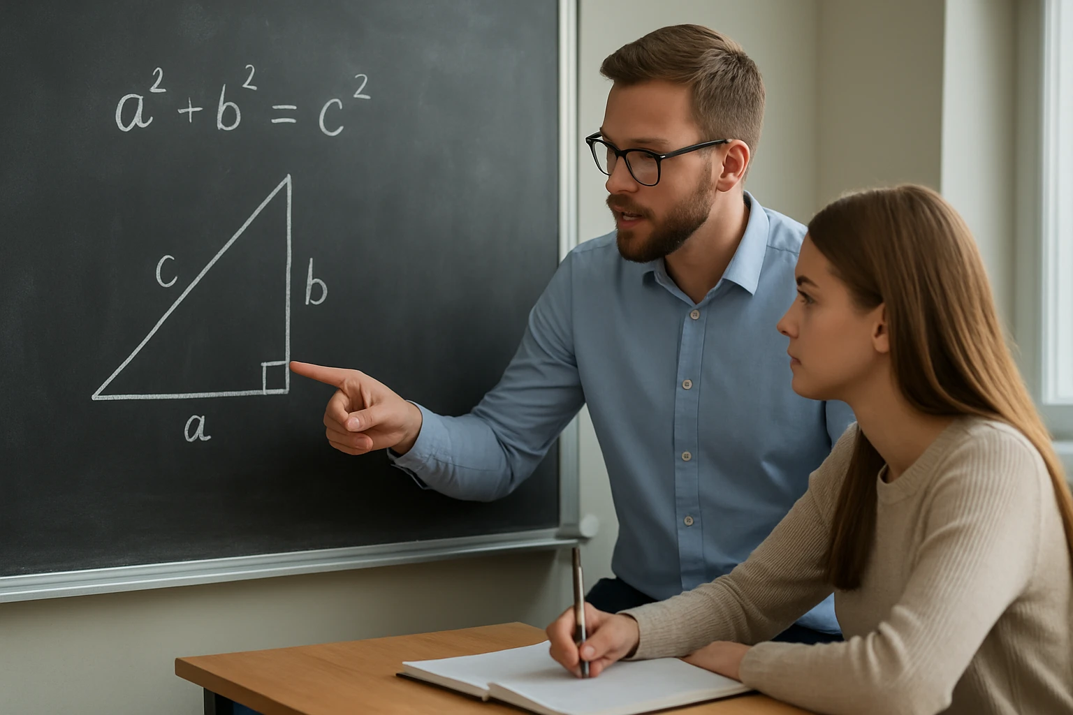 Egy tanár a táblán a Pitagorasz-tételt magyarázza egy diáknak.