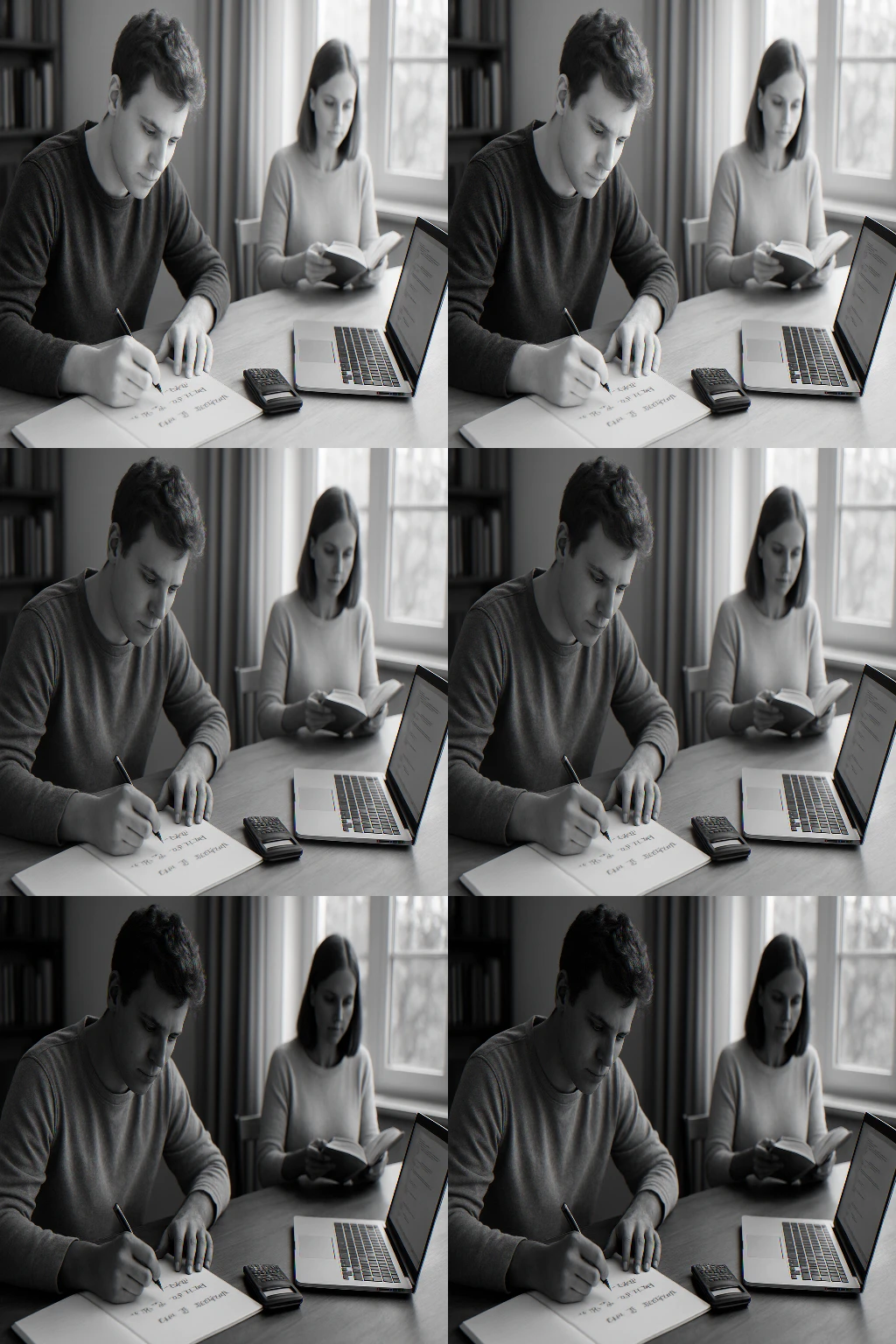 Két fiatal tanuló ül egy asztalnál, az egyik matematikai feladatokat ír, a másik könyvet olvas.
