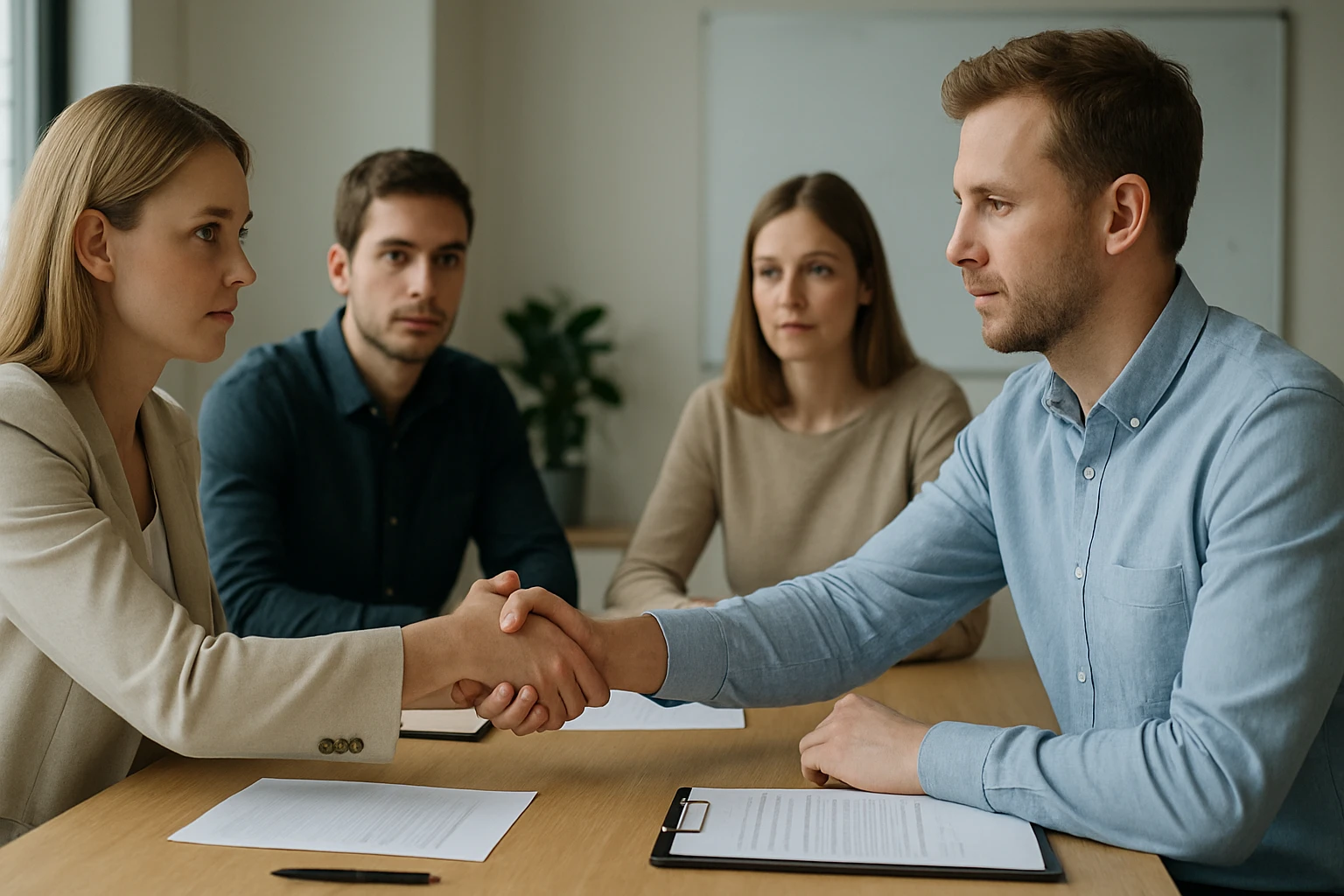 Két ember kezet fog egy tárgyalóasztalnál, háttérben mások ülnek.