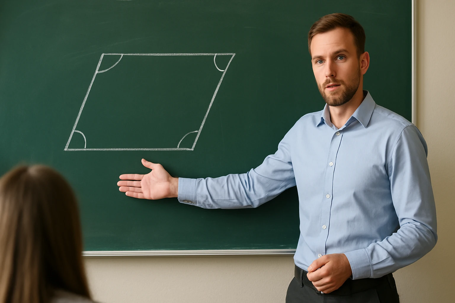 Egy tanár a táblánál egy téglalapot mutat be, amelynek sarkai lekerekítettek.