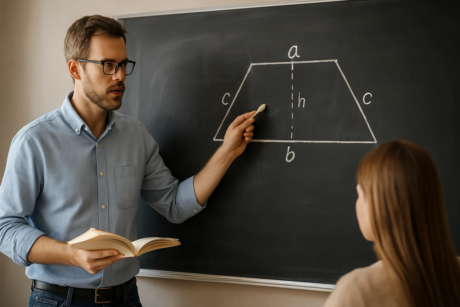 Egy tanár a táblán egy trapéz területének képletét magyarázza.