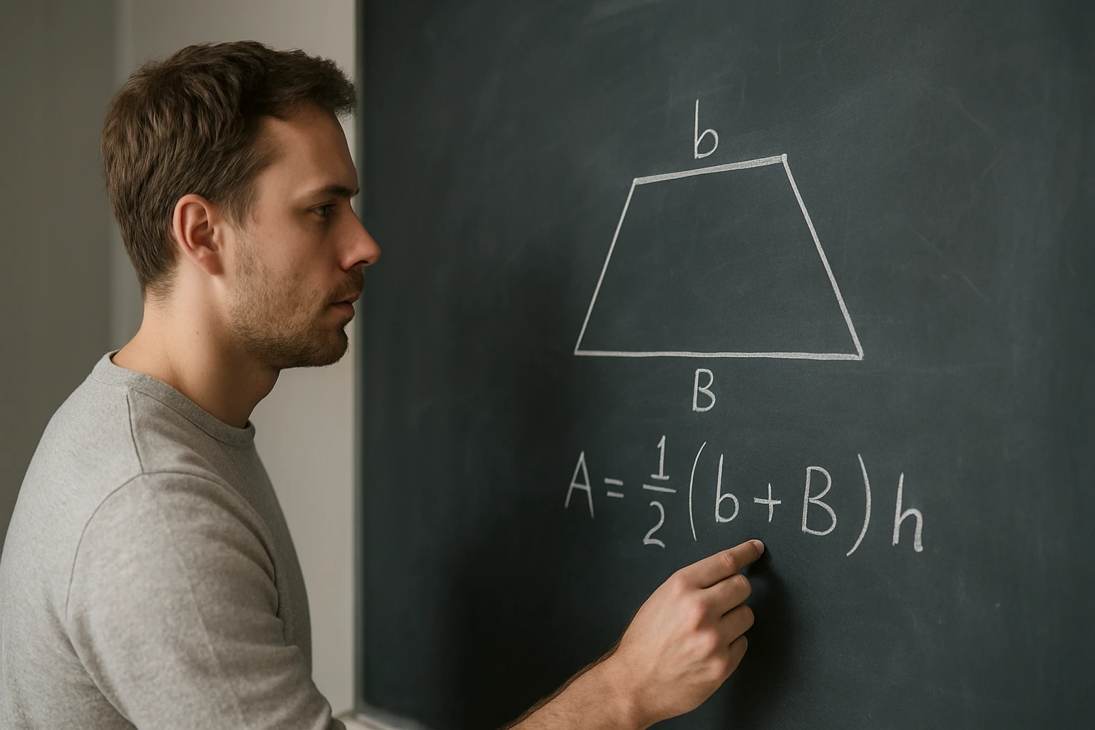 Egy férfi a táblán egy trapéz területének képletét mutatja.