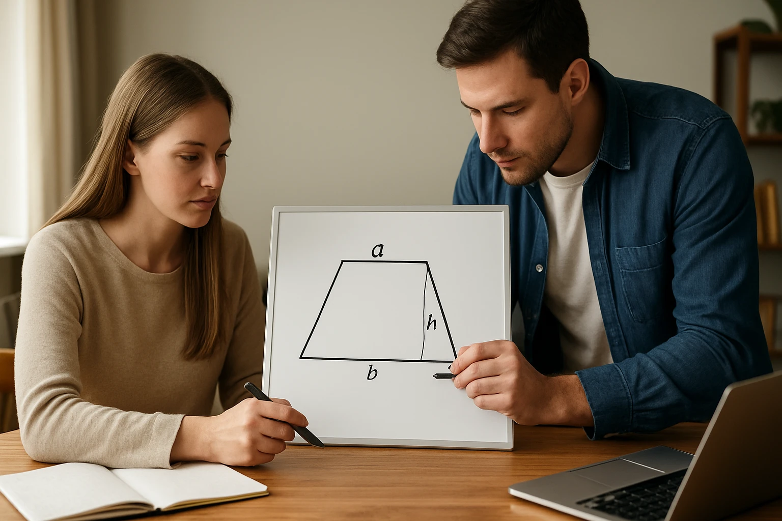 Két fiatal ember egy trapeziumot ábrázoló táblát néz, matekórán.