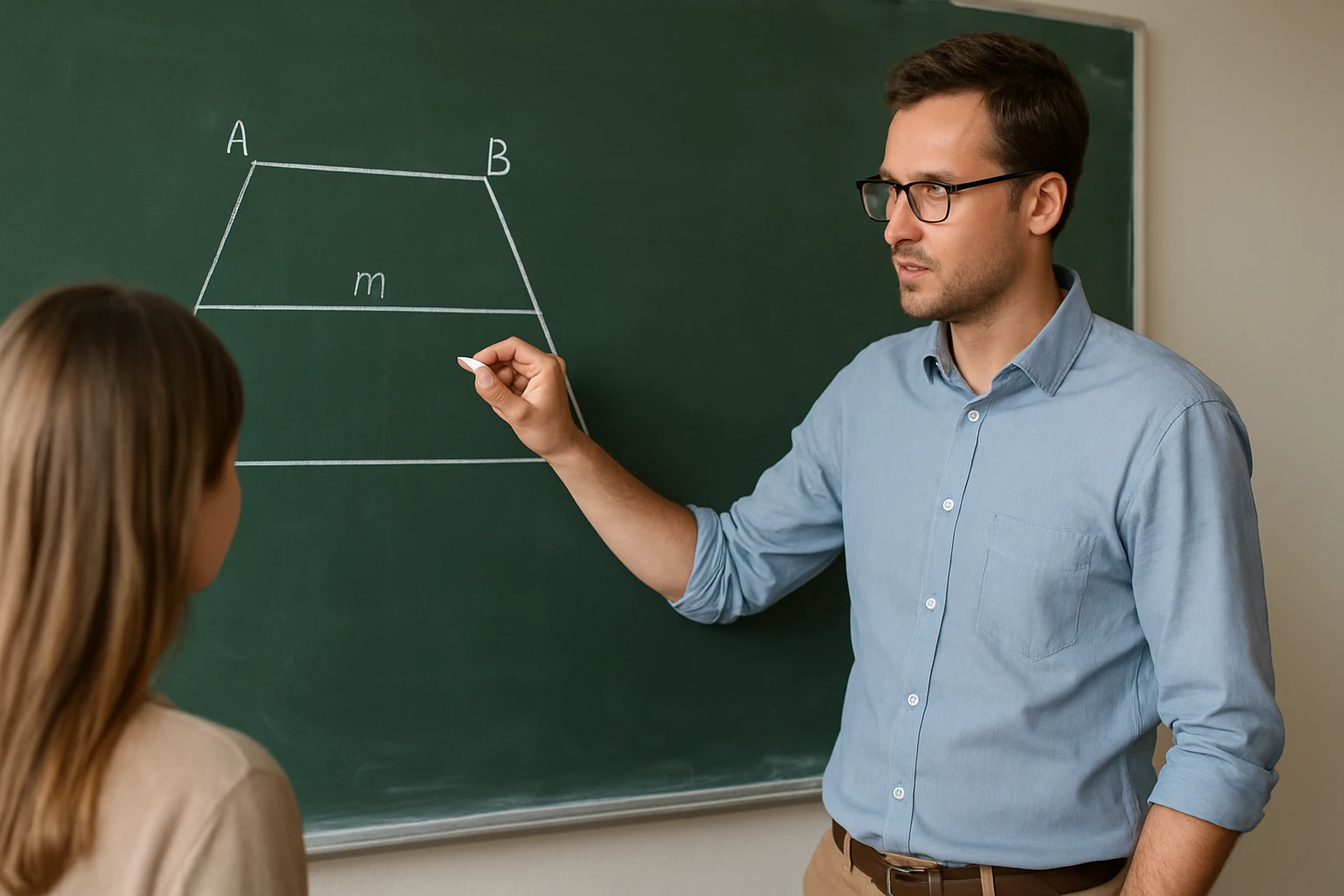 Egy tanár a táblán egy trapéz ábráját mutatja, miközben tanít.