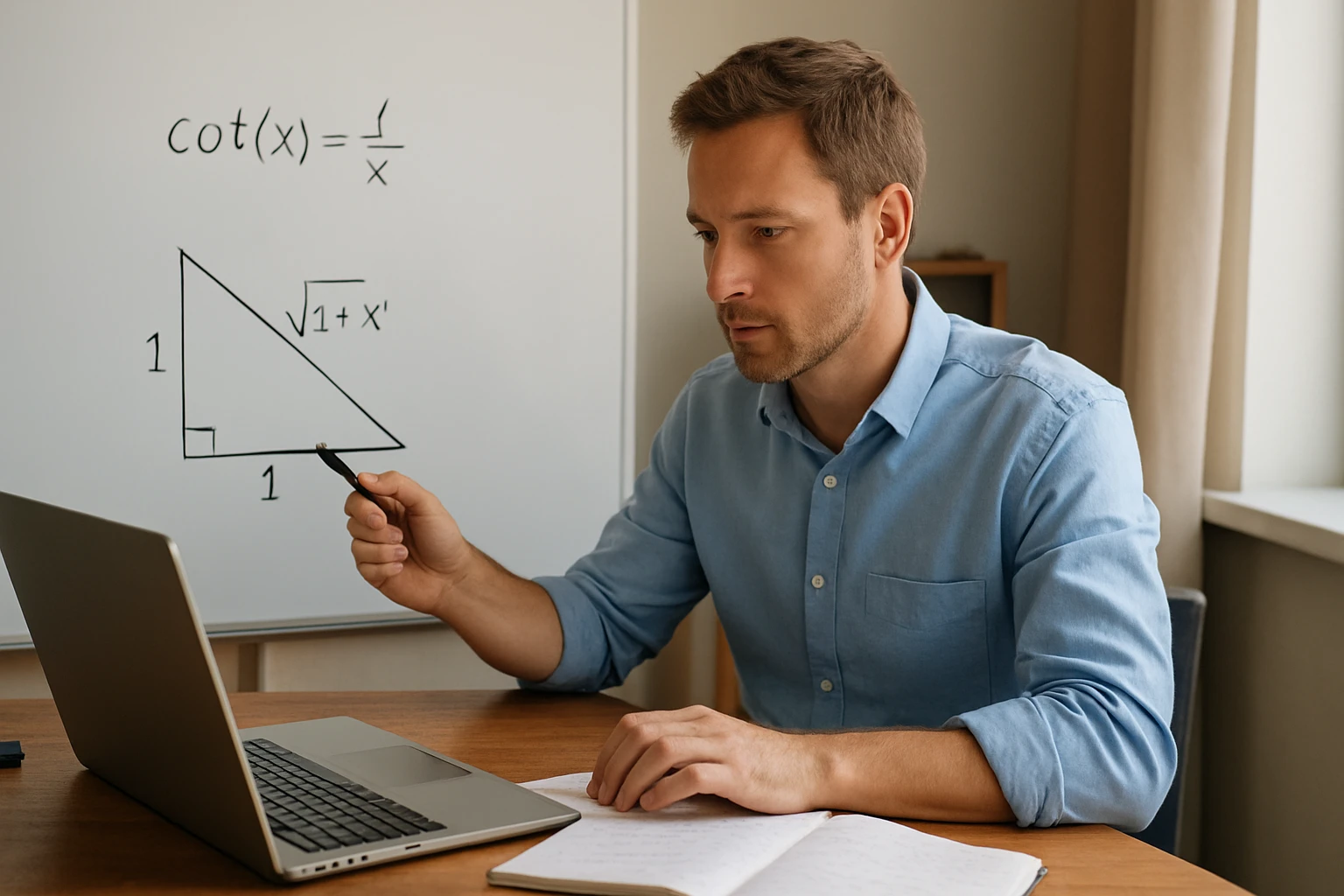 Egy férfi a számítógép előtt, a táblán trigonometrikus képlet és háromszög látható.