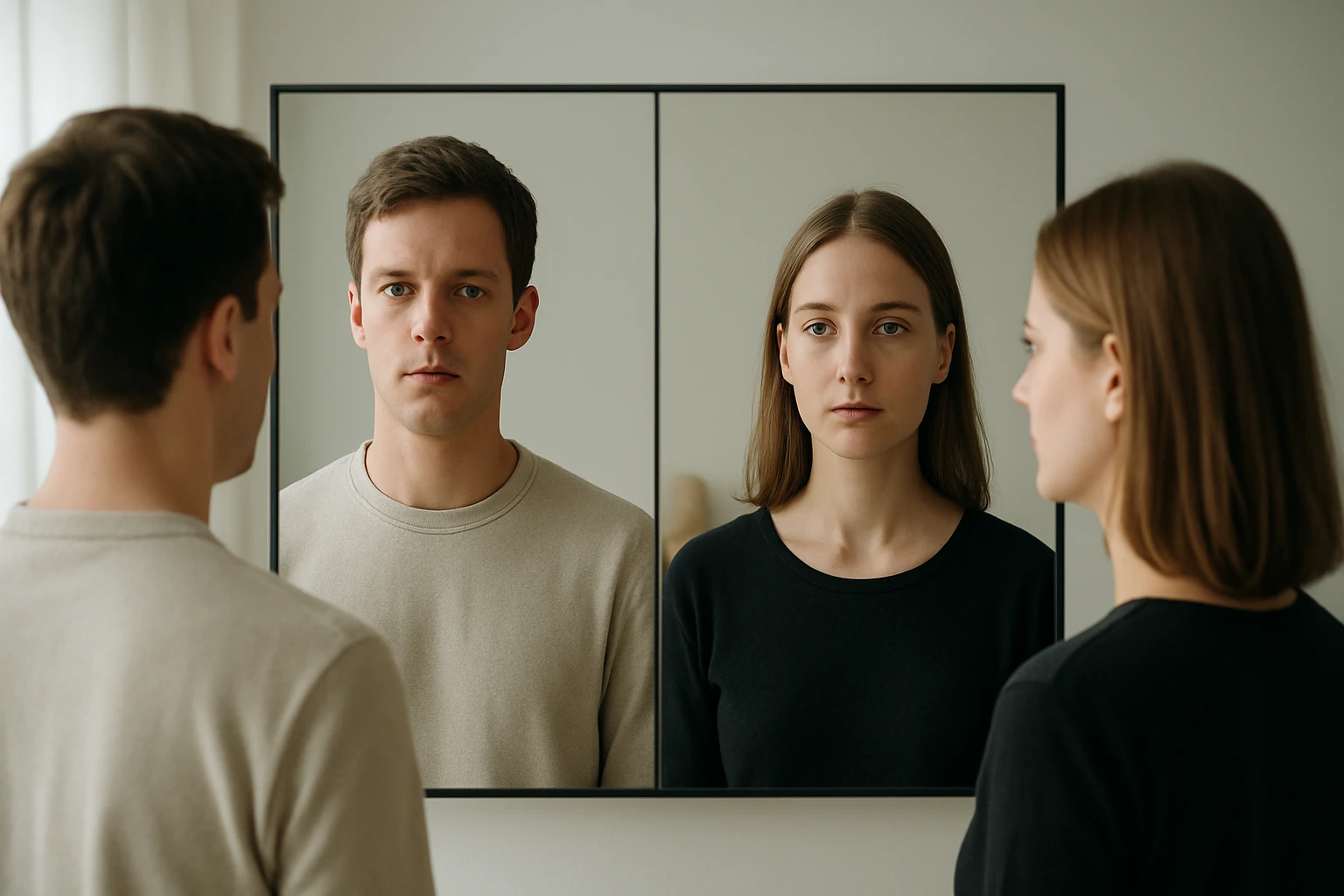 Két fiatal ember néz a tükörbe, komoly arckifejezéssel.
