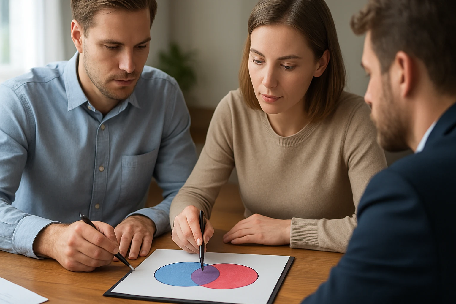 Két ember egy Venn-diagramot tanulmányoz, amely kék és piros köröket tartalmaz.