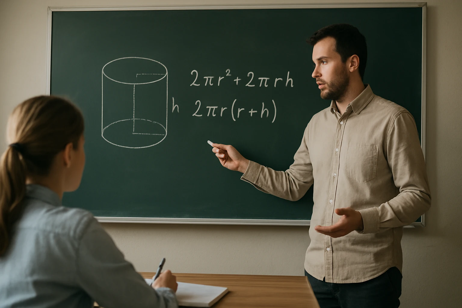 Egy tanár a táblán a henger térfogatának képletét magyarázza.