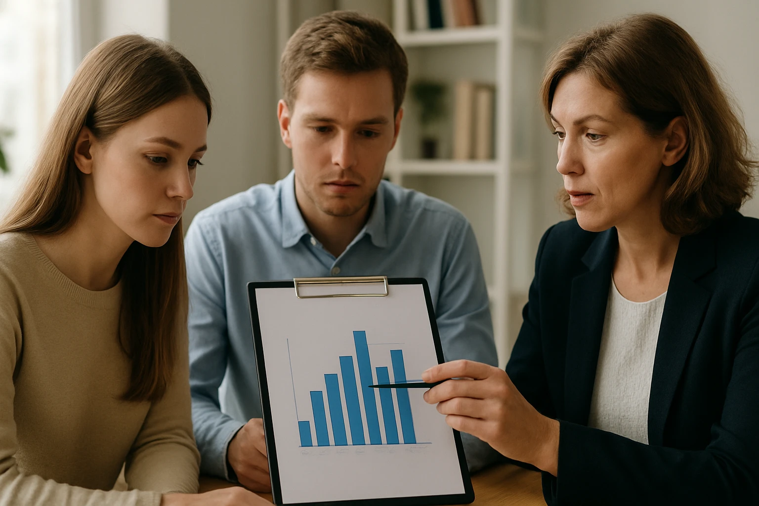 Két fiatal és egy női szakember egy grafikonra figyelnek, amely adatokat mutat.