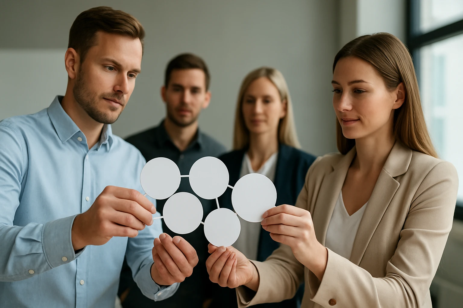 Négy ember egy csoportban, akik üres köröket tartanak a kezükben, valószínűleg egy matematikai vagy logikai feladatot oldanak meg.