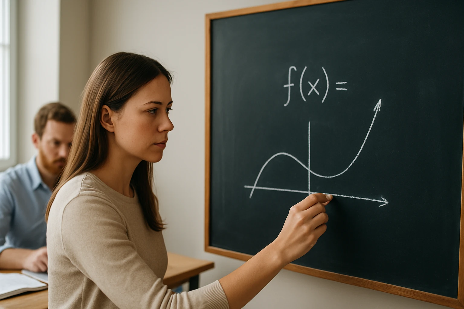 Egy nő a táblán f(x) egyenletét és grafikonját rajzolja.