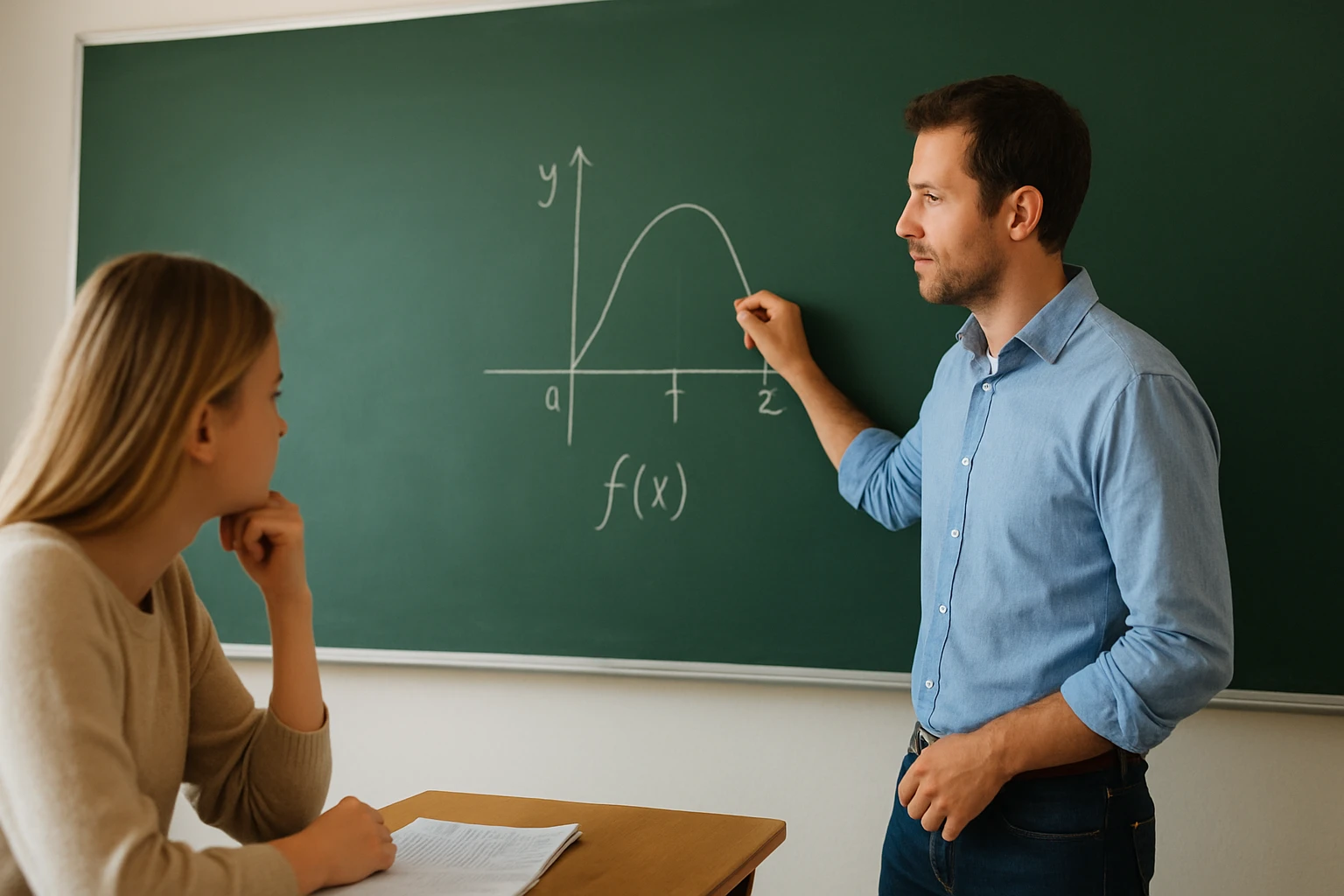 Egy tanár grafikonon mutatja be a függvények viselkedését, miközben a diák figyel.