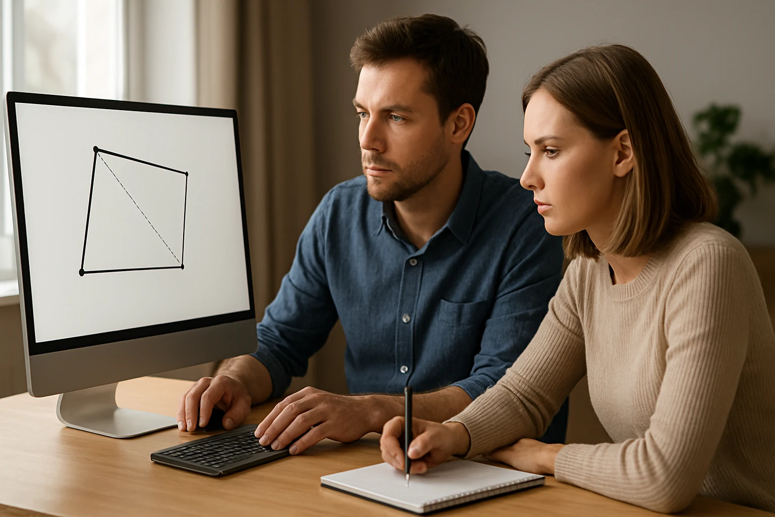 Két fiatal felnőtt egy számítógép előtt ül, geometriai ábrát néznek.