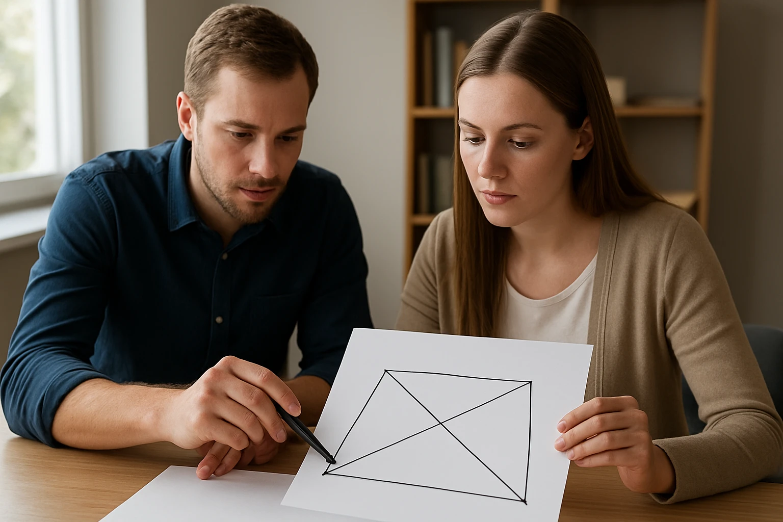 Két fiatal felnőtt egy papírlapot néz, amelyen geometriai ábra látható.