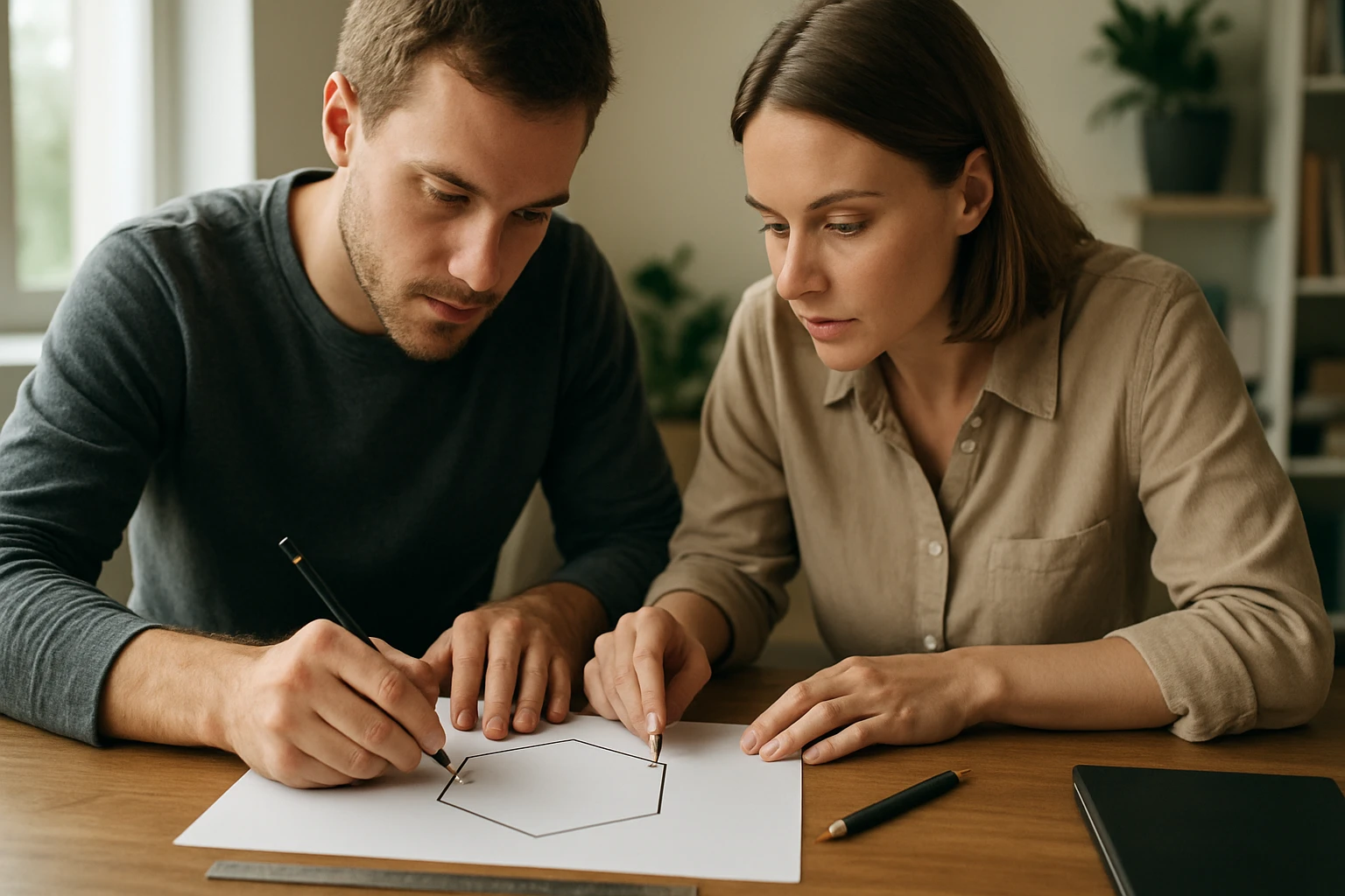 Két fiatal ember geometriai alakzatot rajzol egy papírra, figyelmesen dolgoznak.