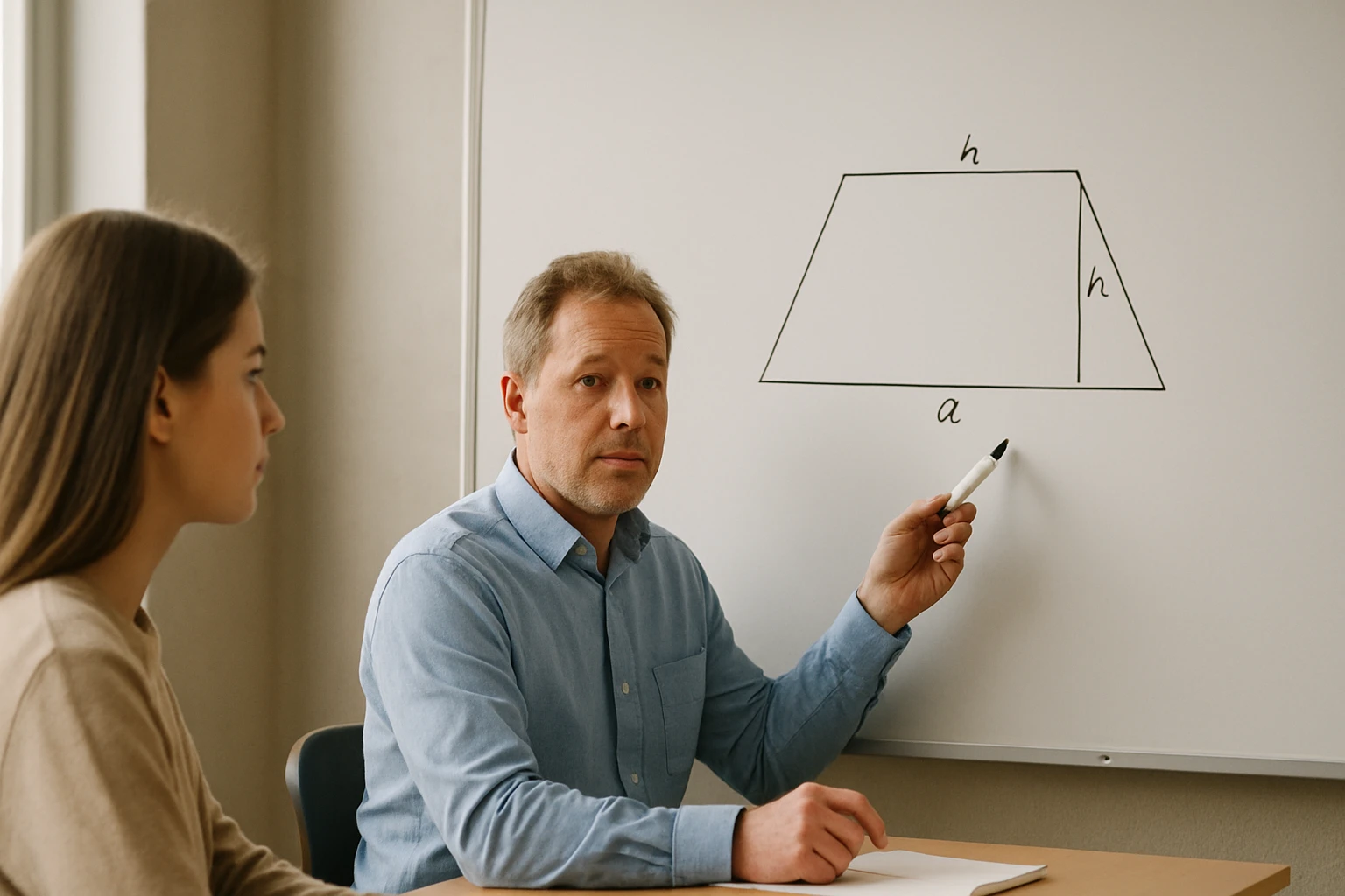 Egy tanár geometriai alakzatot magyaráz egy diáknak az osztályteremben.