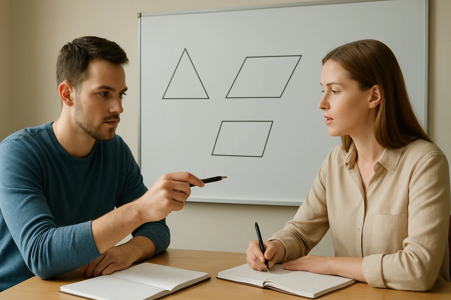 Két fiatal felnőtt ül egy asztalnál, geometriai alakzatokat tanulmányoznak.