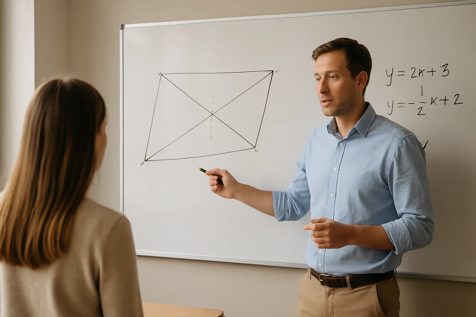 Egy tanár geometriai ábrát magyaráz egy diák előtt a táblán.