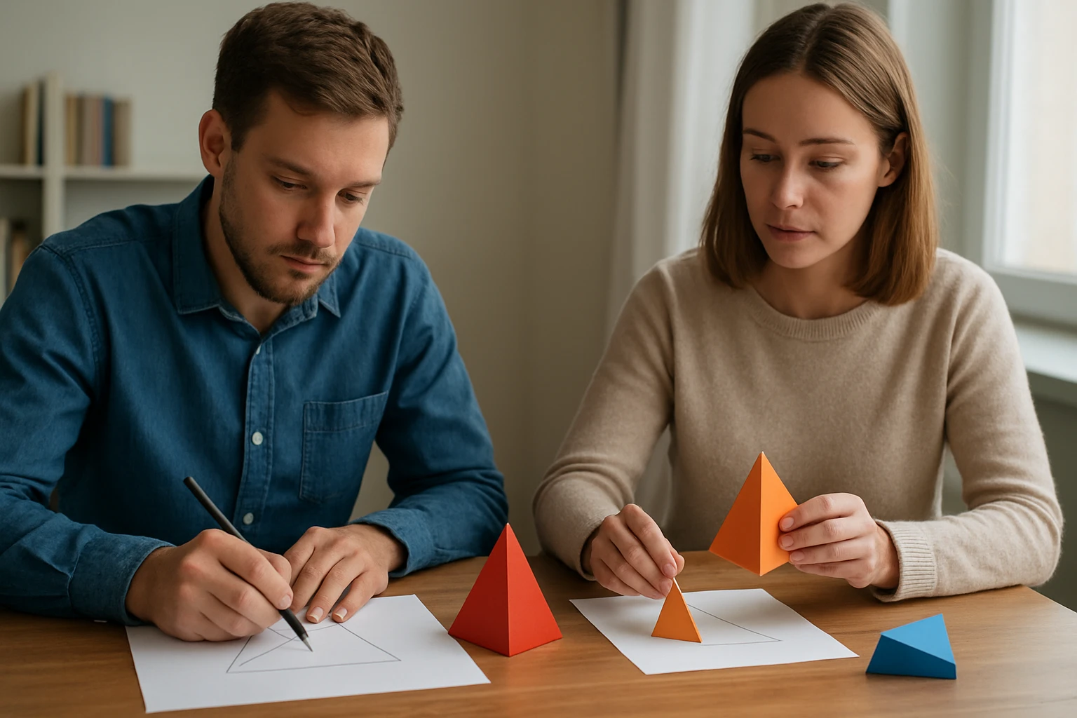 Két fiatal felnőtt geometriai formákat tanulmányoz, papíron rajzolnak.