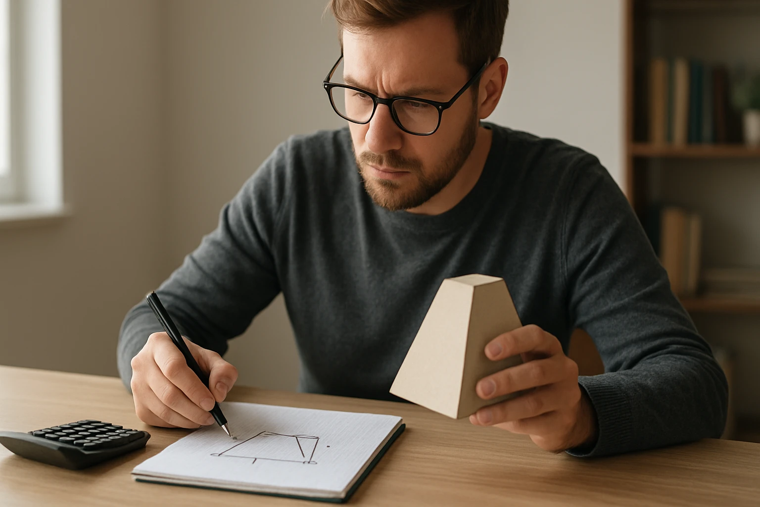 Egy férfi geometriai formát rajzol egy jegyzetfüzetbe, miközben egy kúp alakú modellt tart a kezében.