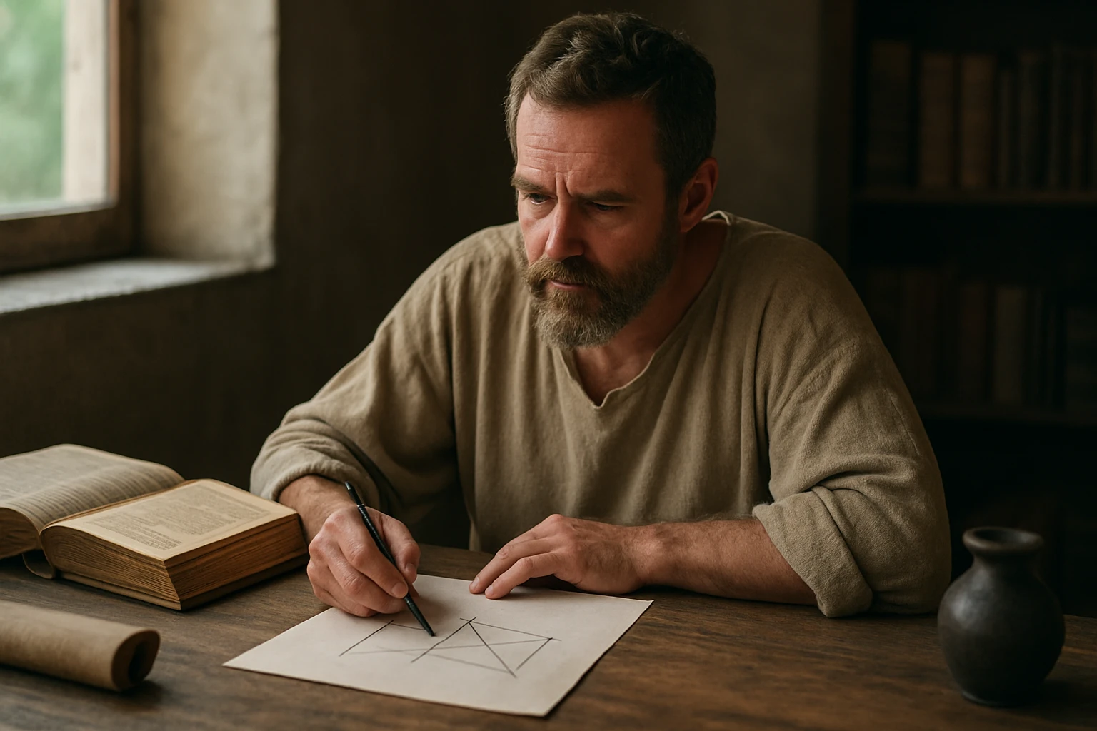 Egy férfi papíron geometriai formákat rajzol, könyvek és egy váza mellett ülve.