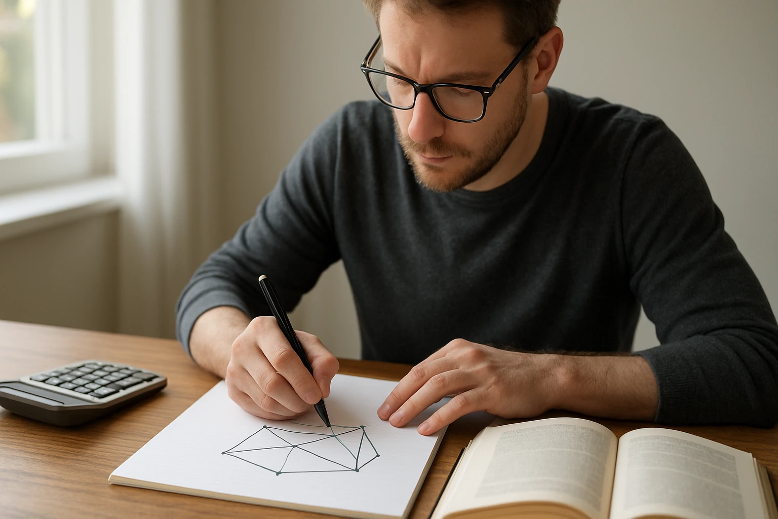 Egy férfi geometriai alakzatokat rajzol egy papírra, miközben számológépet használ.