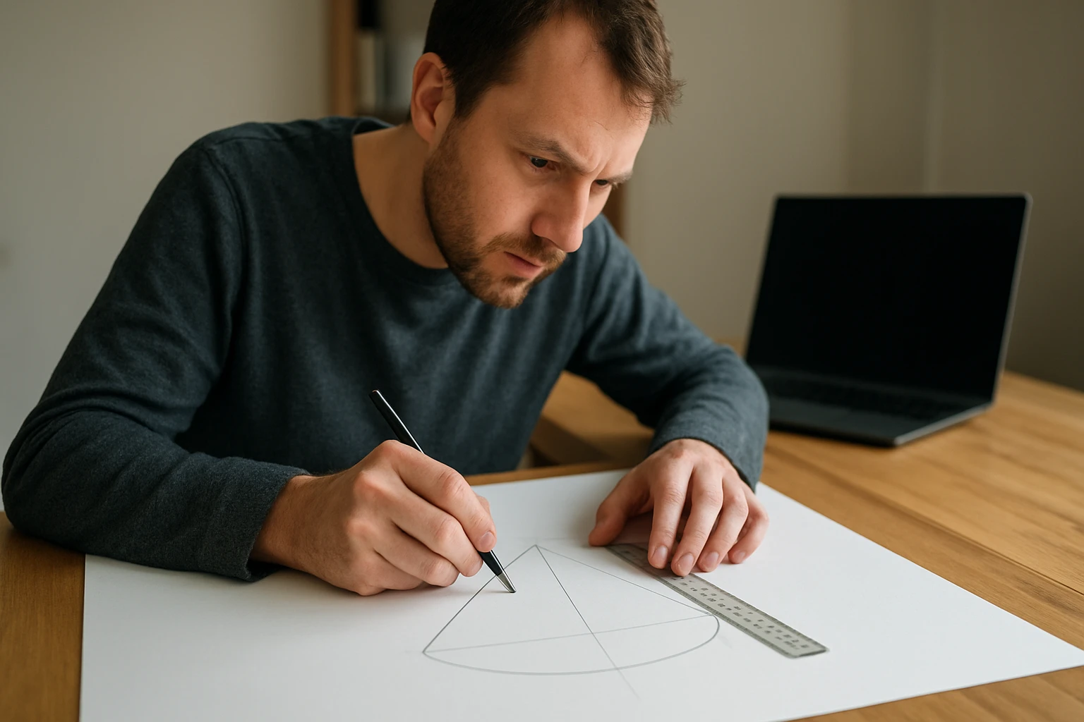 Egy férfi geometriai formákat rajzol papírra vonalzó és ceruza segítségével.