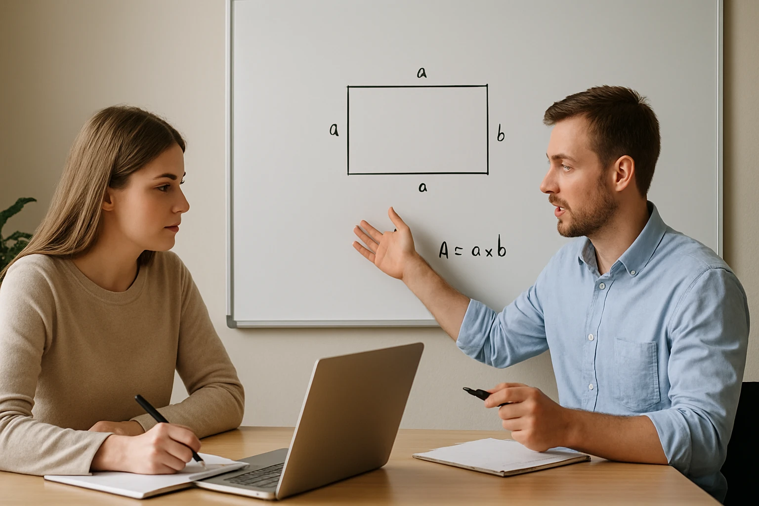 Egy férfi geometriai területet magyaráz egy nőnek, táblán téglalap látható.