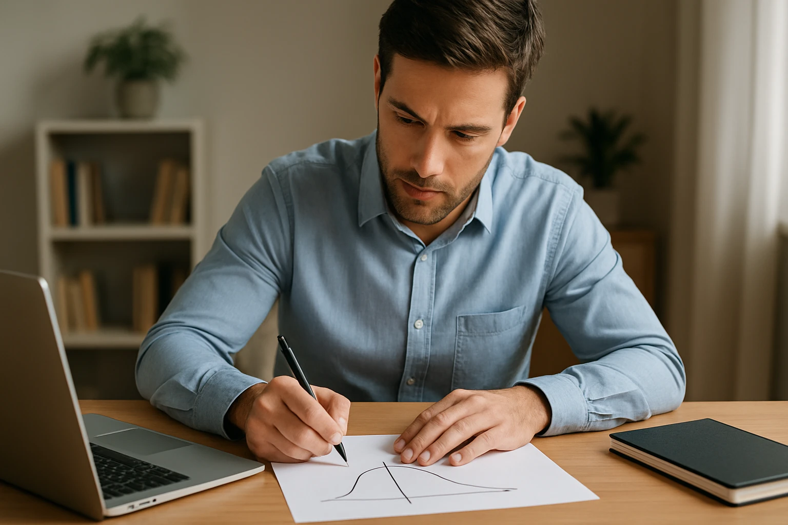 Egy férfi grafikonokat rajzol papírra, miközben a laptopja előtt ül.