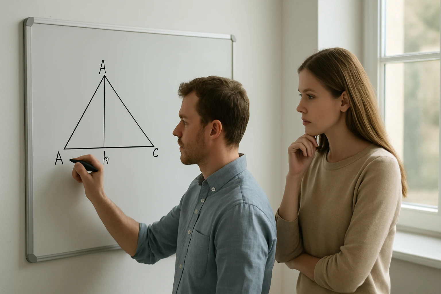 Egy férfi egy fehér táblára rajzol egy háromszöget, miközben egy nő figyeli.