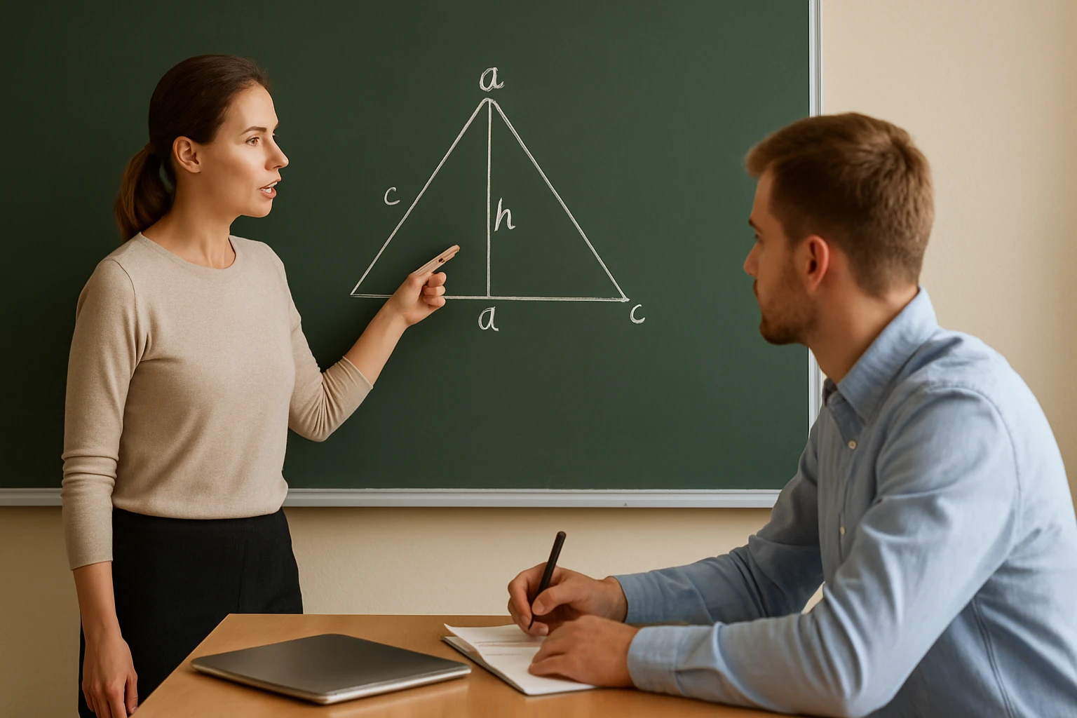 Egy tanár a táblán egy háromszöget mutat, miközben a diák figyel.