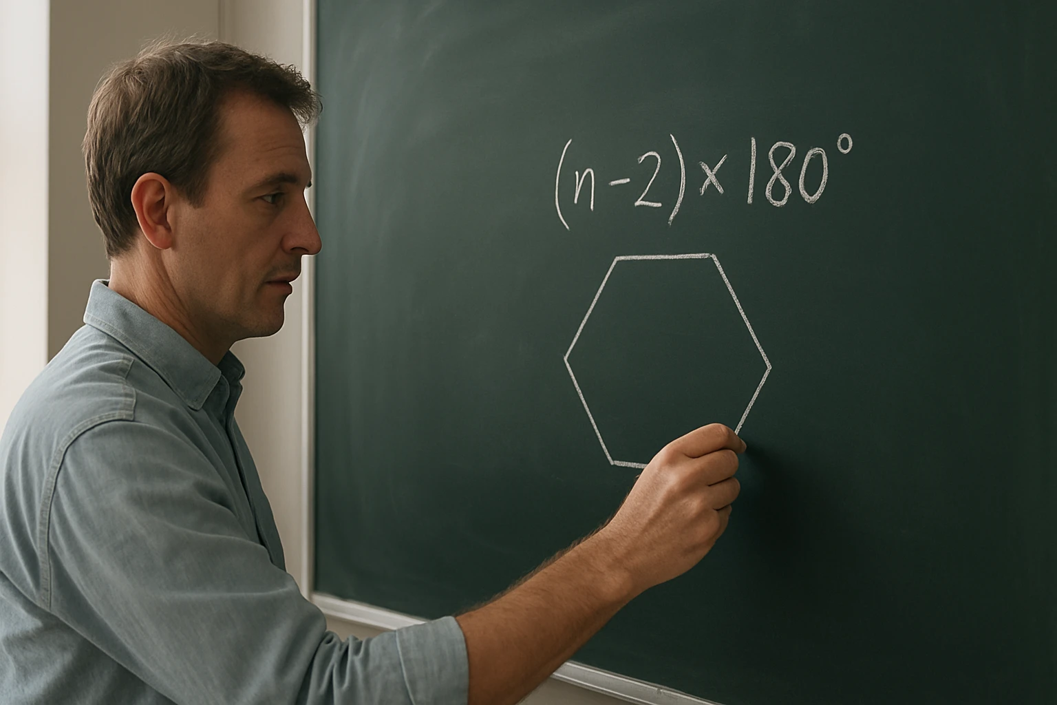 Egy férfi a táblán hexágont rajzol, miközben a belső szögek képletét írja.