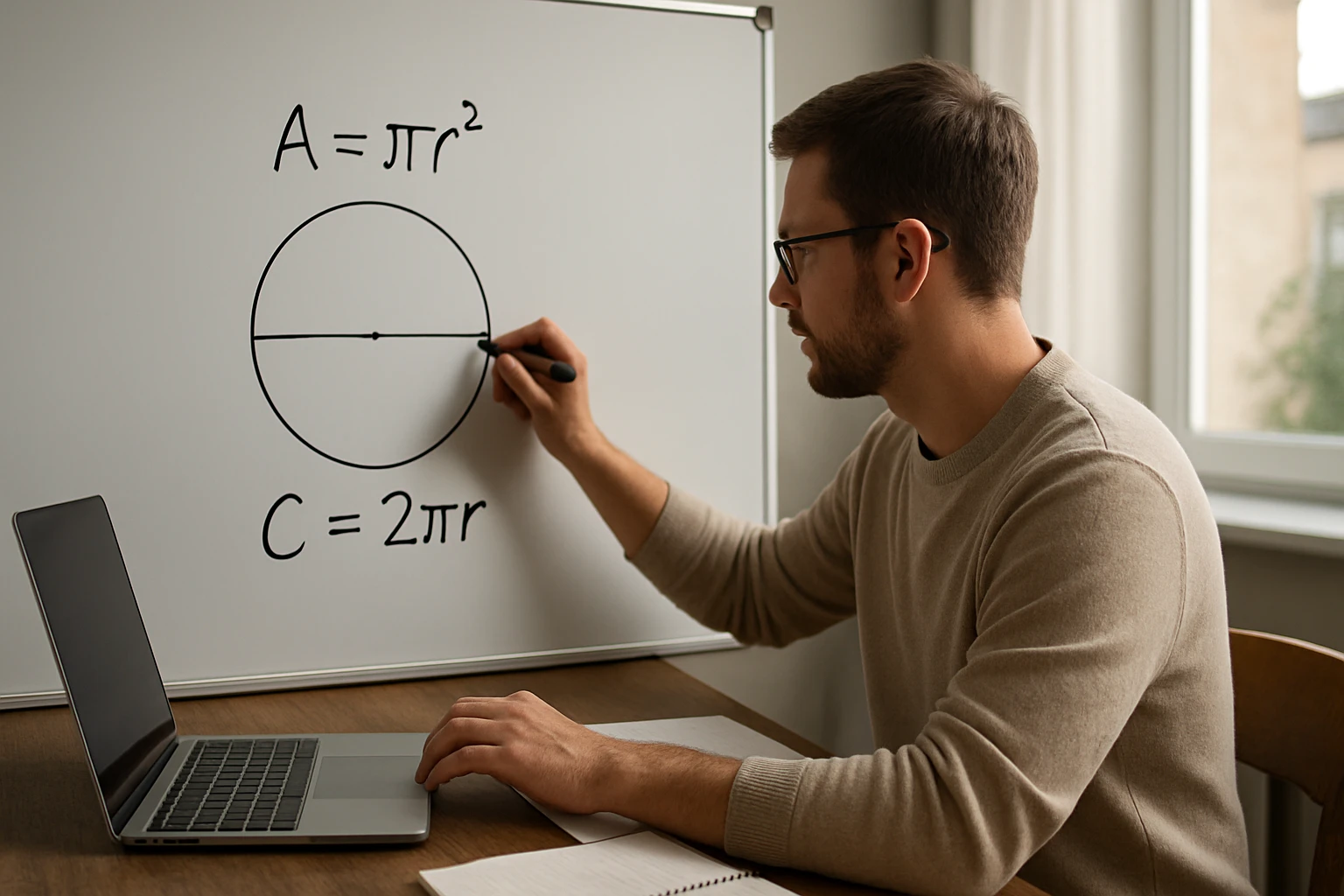 Egy férfi kör egyenletét írja a táblára, laptop előtt ülve.