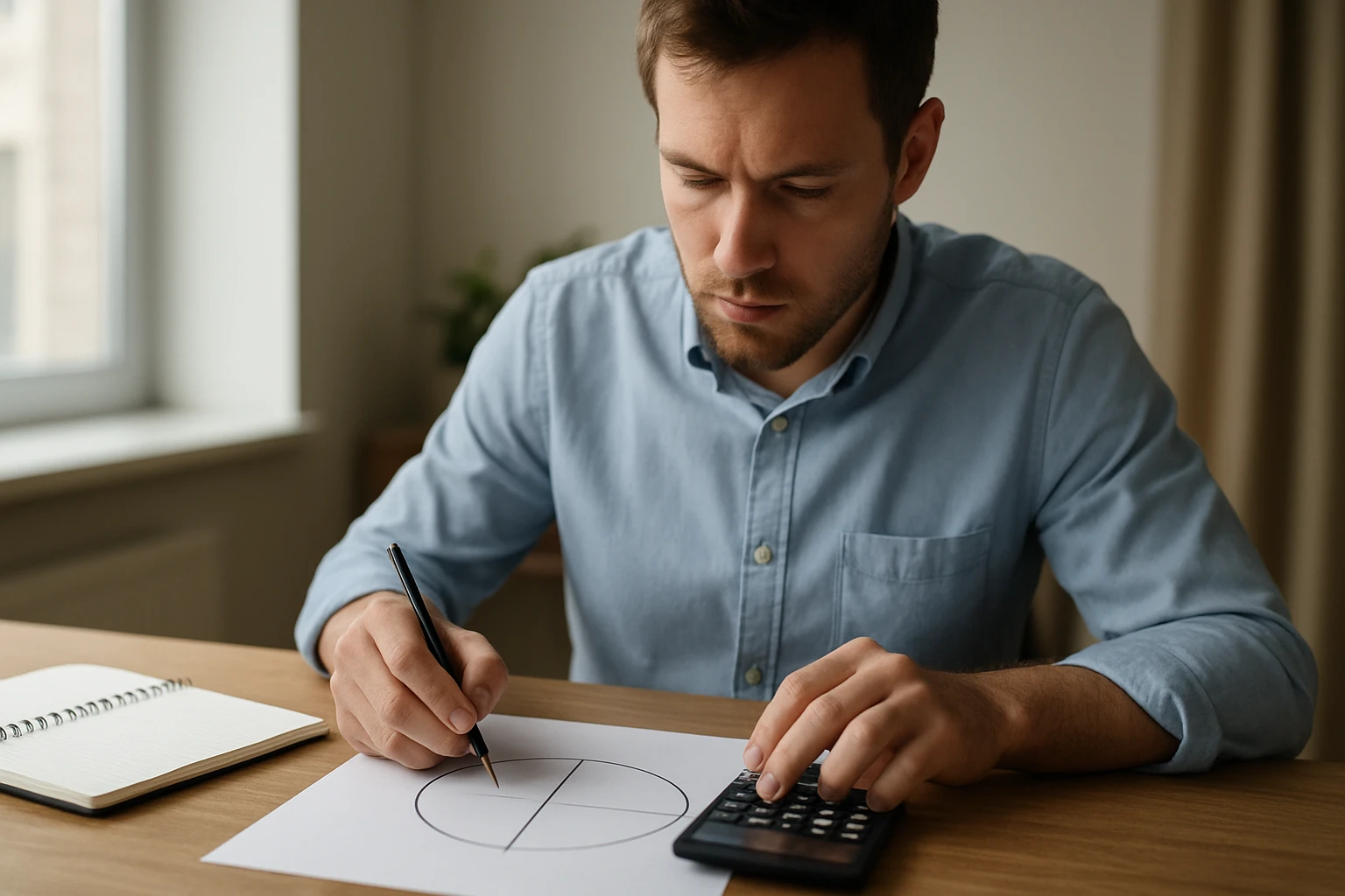 Egy férfi kördiagramot rajzol papírra, miközben számológépet használ.