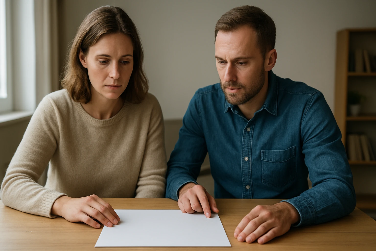 Egy férfi és egy nő ül egy asztalnál, figyelmesen nézik a fehér papírt.