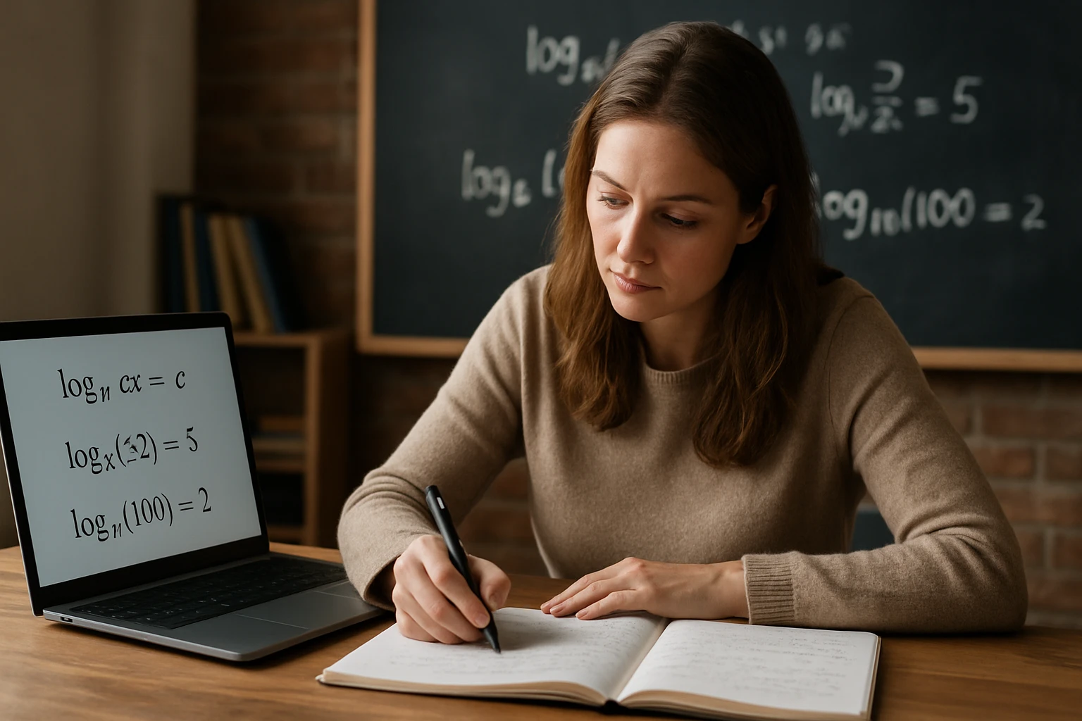 Egy fiatal nő logaritmusokat tanulmányoz egy laptop és egy jegyzetfüzet segítségével.