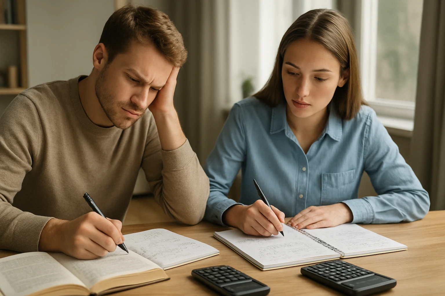 Két fiatal, egy férfi és egy nő, matekfeladatokat oldanak meg az asztalon.