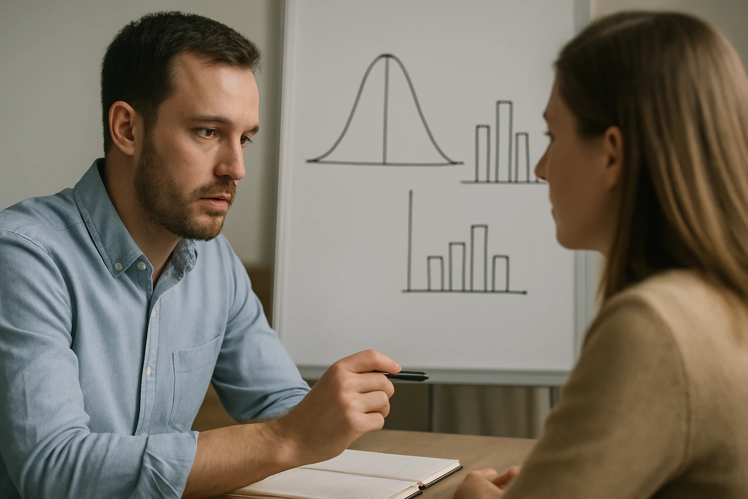 Egy férfi és egy nő beszélget egy matekórán, háttérben grafikonokkal.