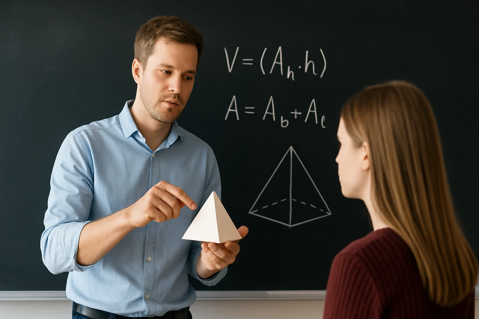 Egy tanár fehér piramist mutat egy diáknak, háttérben matematikai képletek.