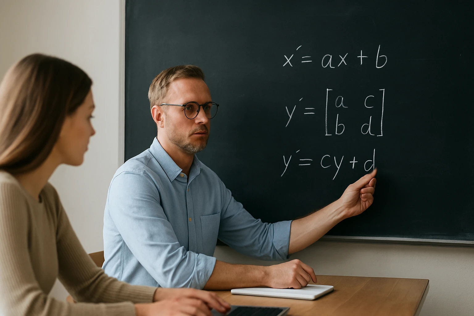 Egy férfi matematikai egyenleteket magyaráz egy nőnek egy táblán.