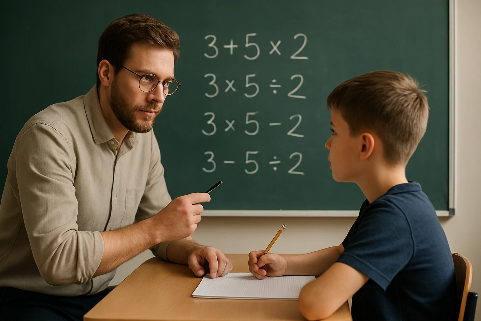 Egy tanár és egy diák ülnek az asztalnál, matematikai feladatokat oldanak meg.