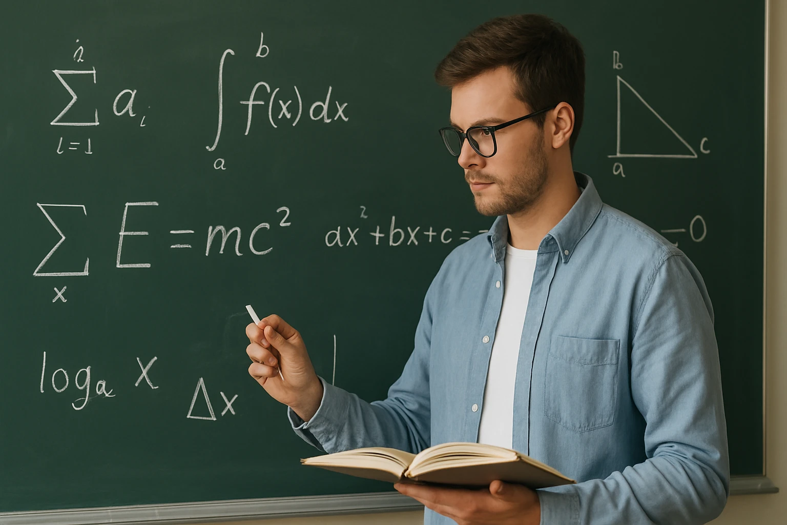 Egy fiatal férfi matematikai képleteket ír a táblára, könyvet tart a kezében.