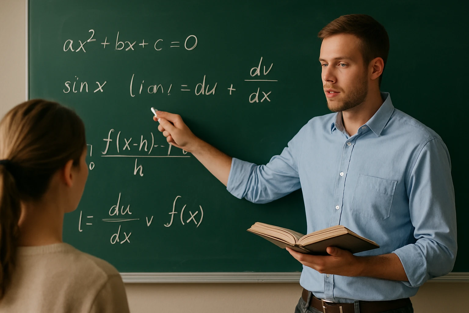 Egy tanár matematikai képleteket magyaráz a táblán, diák figyel.