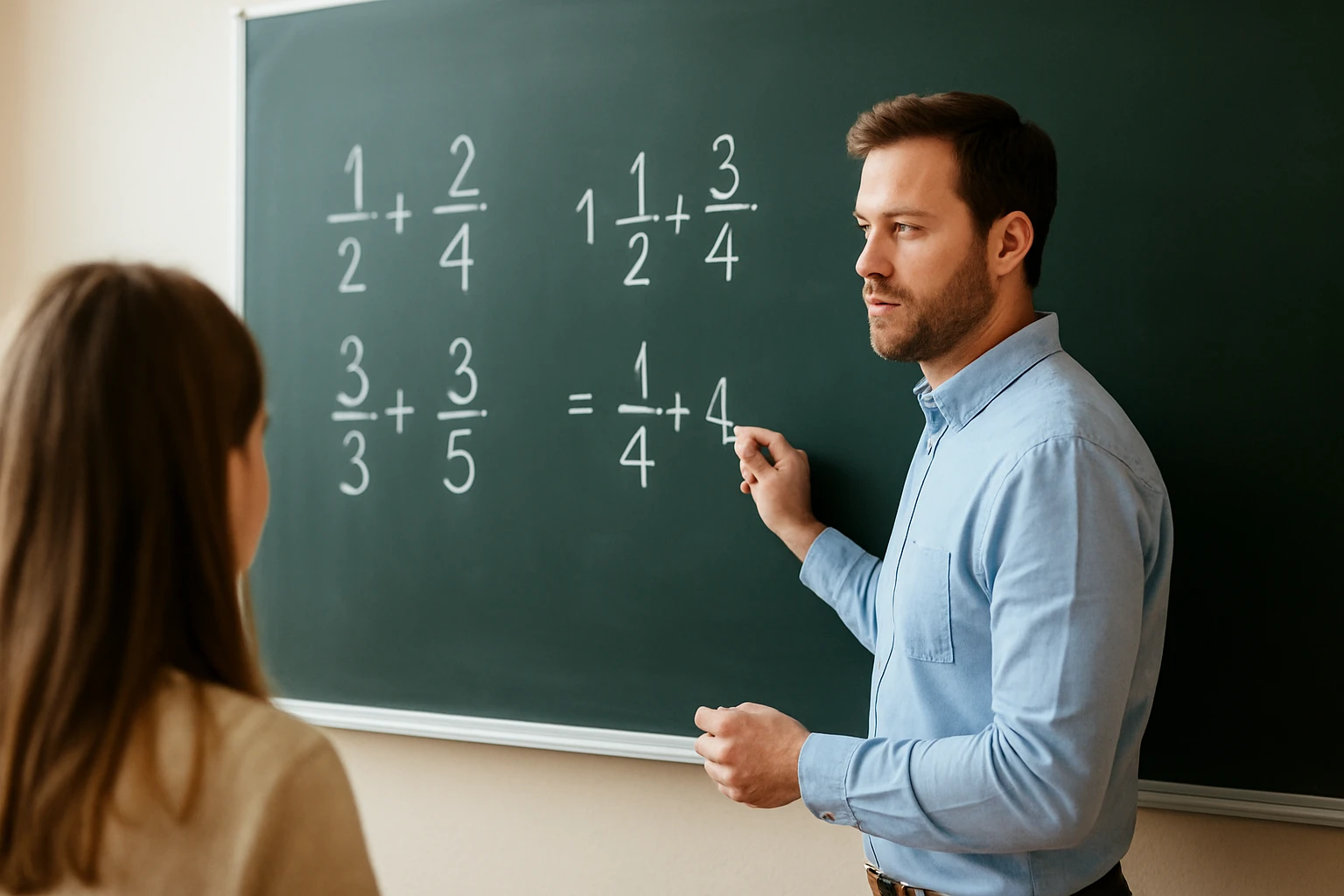 Egy tanár matematikai feladatokat magyaráz a táblán, diákja figyelmesen nézi.