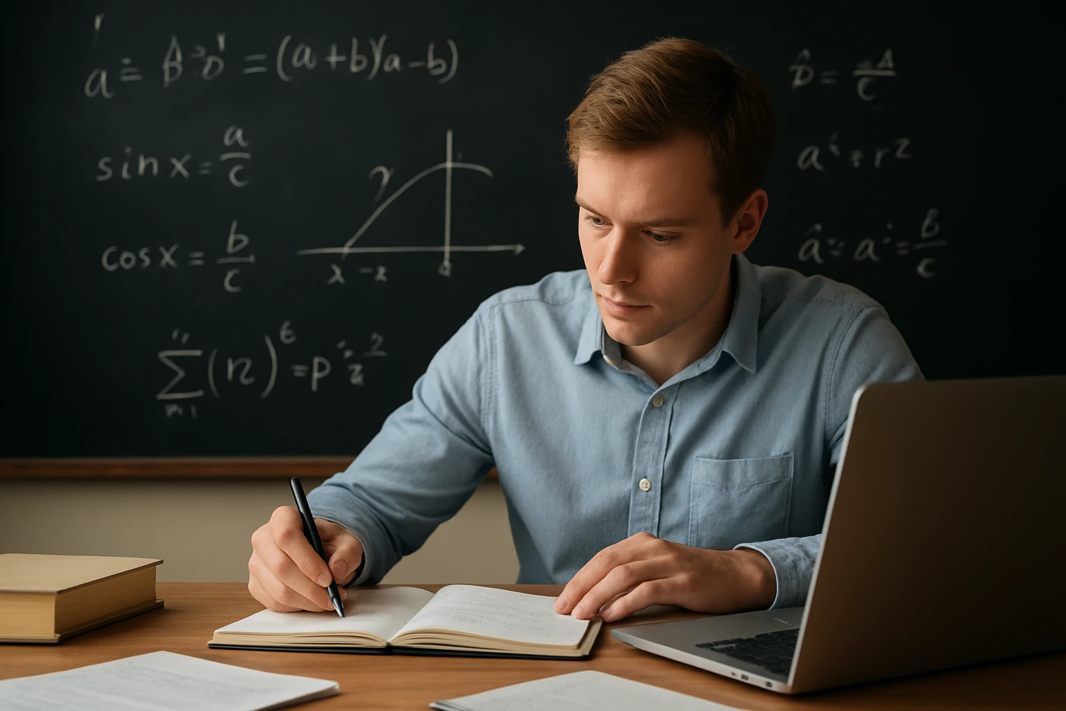 Egy fiatal férfi matematikai képleteket tanulmányoz, jegyzetel egy füzetbe.