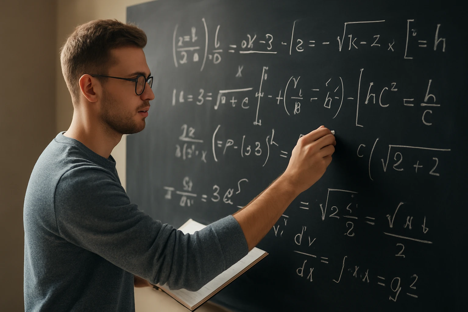 Egy fiatal férfi matematikai egyenleteket ír a táblára, miközben jegyzetel.