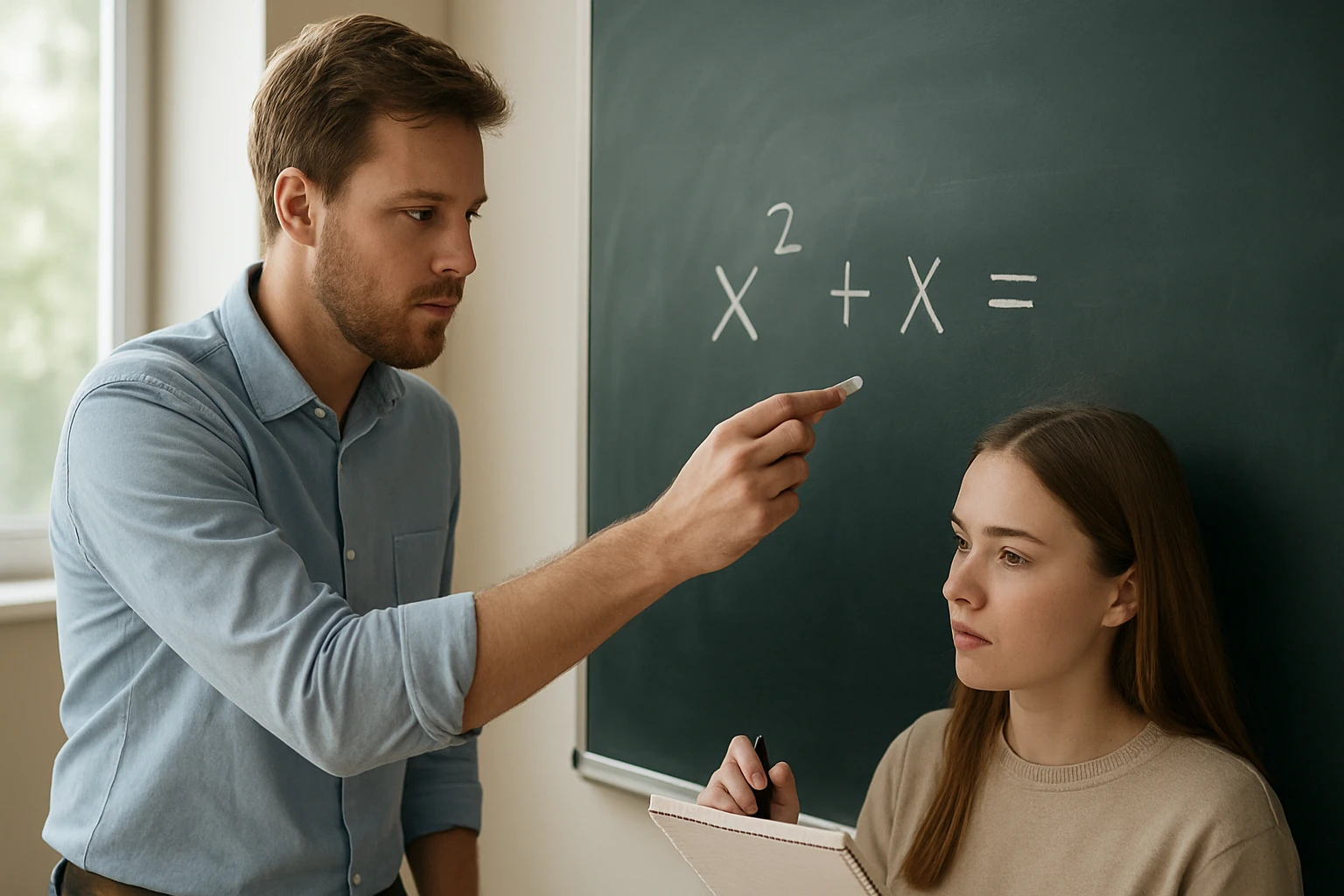 Egy tanár matematikai egyenletet magyaráz egy diák számára táblán.