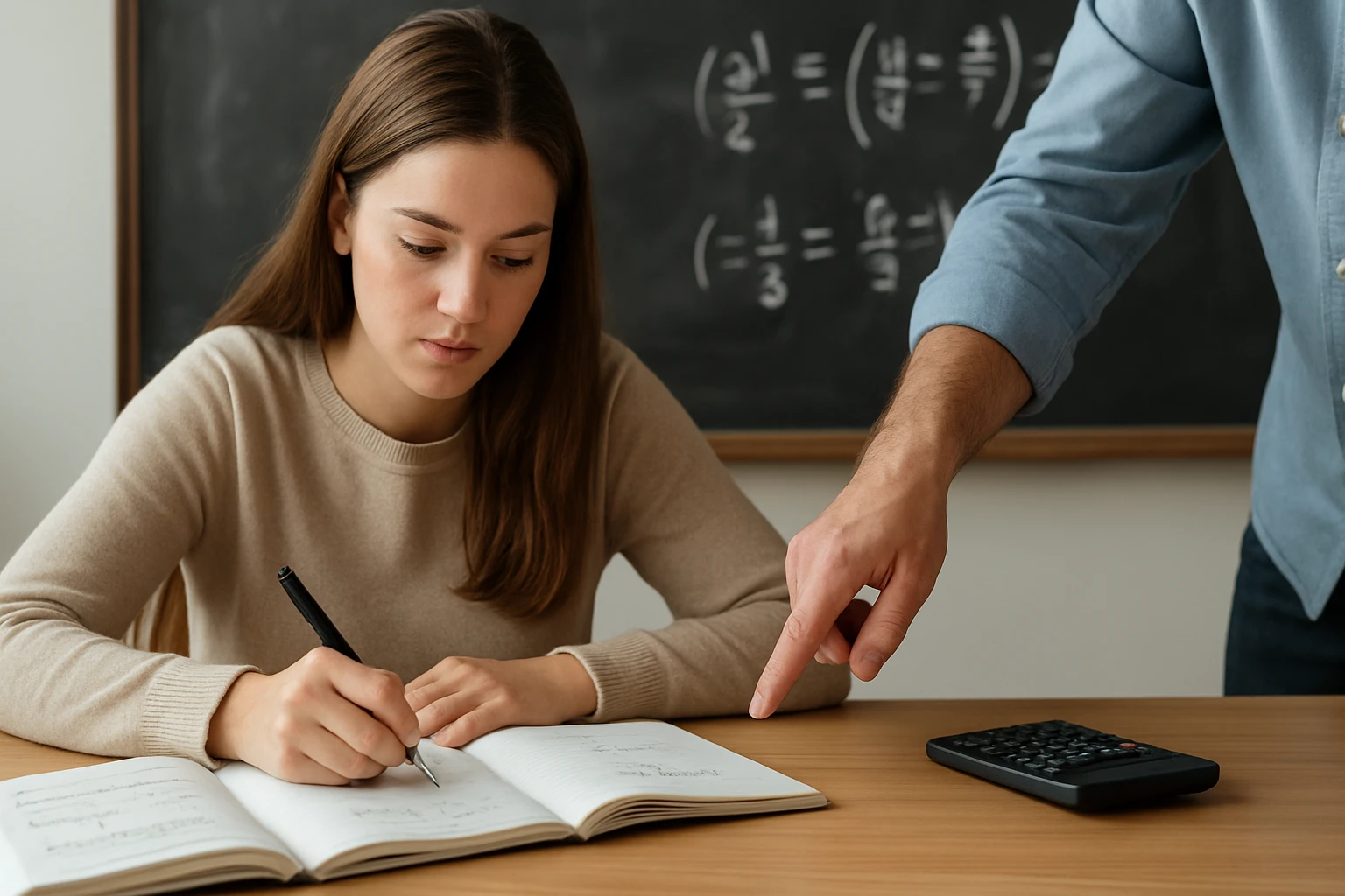 Egy fiatal lány matematikai feladatokat ír egy füzetbe, miközben egy férfi mutat neki.