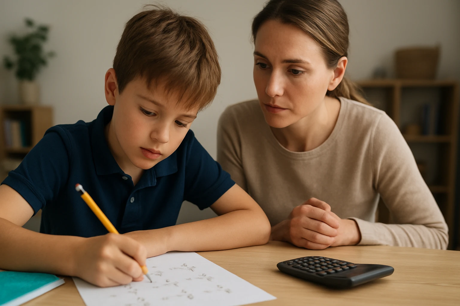 Egy fiú matematikai feladatot old meg, miközben édesanyja figyeli.